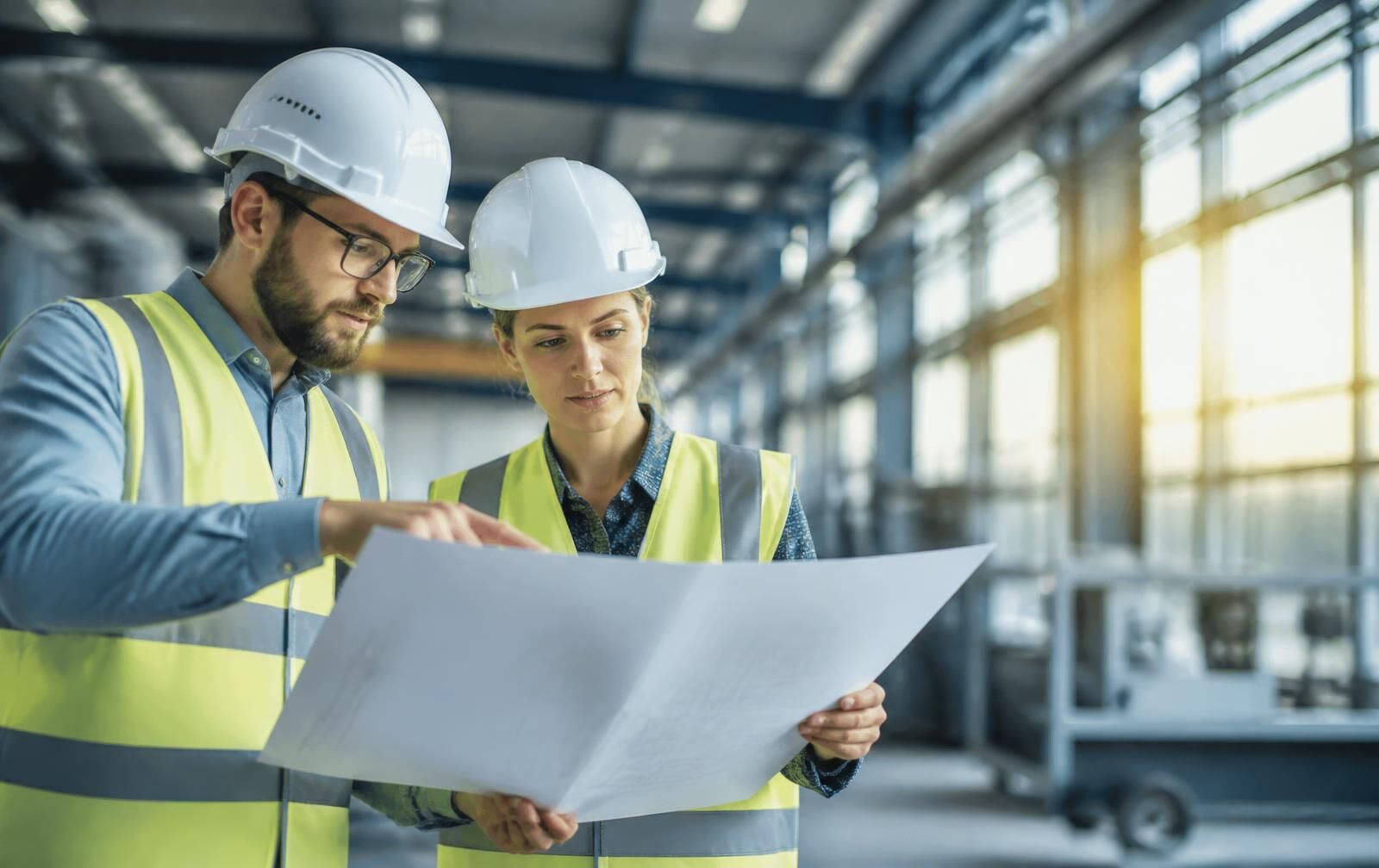 INGG engineers reviewing facility drawings inside an industrial plant